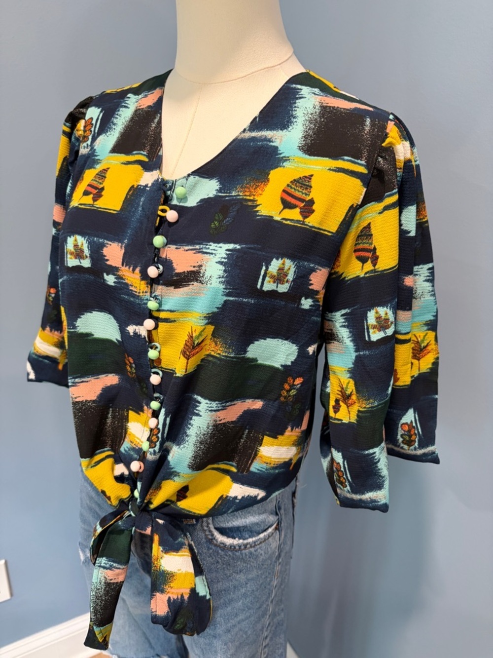 Sailor Abstract Print Tie Front Blouse Colorful Button Detail Boho Retro Size S